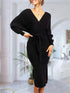 Elegantes Maxi-Strickkleid Damen für den Winter | V-Ausschnitt & Gürtel